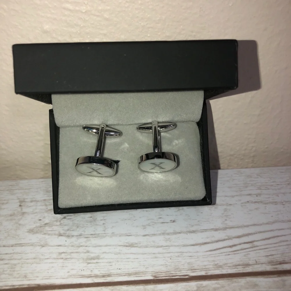 New in Box Mother Pearl X Letter Initial Silver Tone Cuff Link